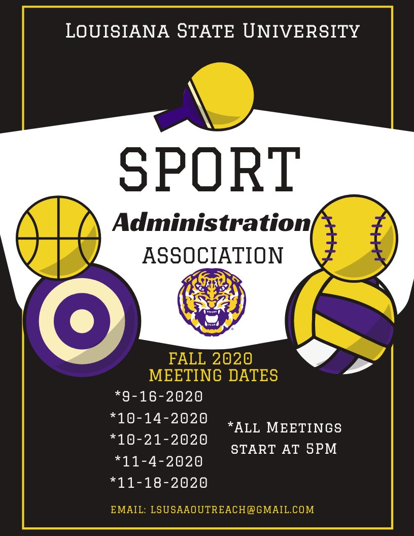 LSU_SAA's tweet photo. What’s popping, tigers?! Here are the fall meeting dates for SAA this semester - can’t wait to see y’all on zoom!🤩 https://t.co/AMNDpcqi27