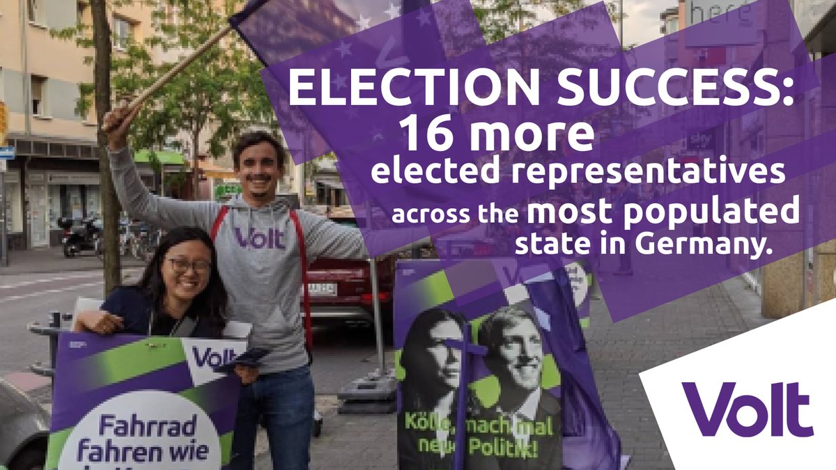 VoltEuropa's tweet photo. Amazing news from @VoltDeutschland: 16 more elected representatives from the state of North Rhine-Westphalia will be working to foster a more united and federal Europe. Congratulations to the many volunteers and everyone who voted that made this campaign successful! #VoteVolt https://t.co/oglrjTDHE3