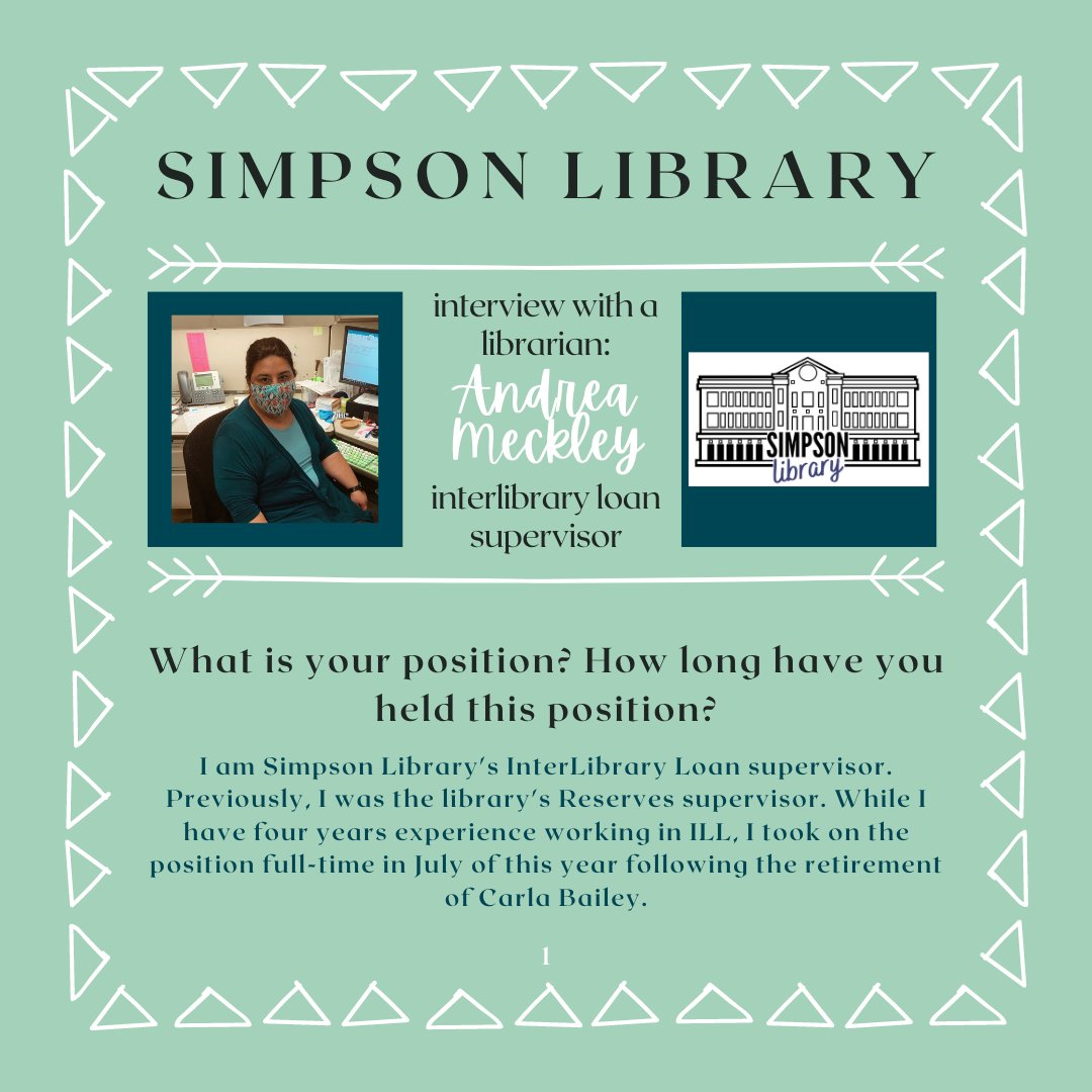 simpsonlibrary's tweet photo. Get to know Simpson Library's ILL supervisor, Andrea Meckley! 
#UMW #SimpsonLibrary #MaryWash #GreatDayToBeAnEagle #UMWEagles https://t.co/nOv7zmz4RT