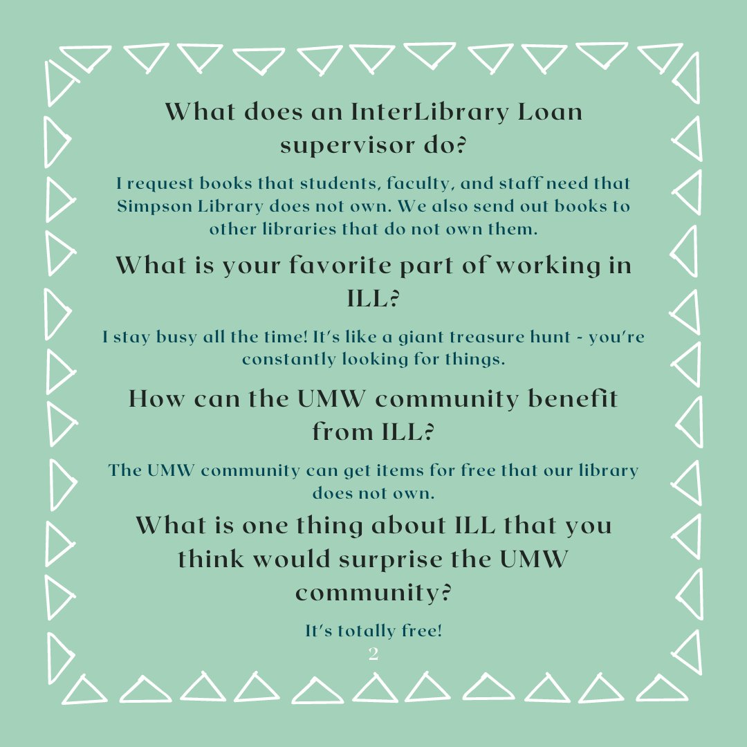 simpsonlibrary's tweet photo. Get to know Simpson Library's ILL supervisor, Andrea Meckley! 
#UMW #SimpsonLibrary #MaryWash #GreatDayToBeAnEagle #UMWEagles https://t.co/nOv7zmz4RT