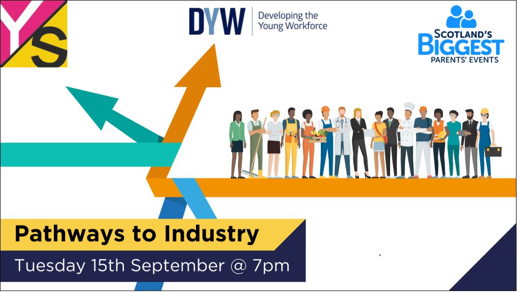 Tune in tomorrow to Scotland’s Biggest Parents’ Event from <a href="/DYWscot/">DYW Scotland</a> to find out more about Pathways to Industry from <a href="/skillsdevscot/">Skills Development Scotland</a>, Industry Bodies and Employers.
Register👉 dyw.scot/sbpe.html 
#DYW20SBPE