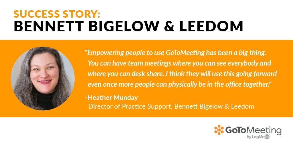 GoTo's tweet photo. With #GoToMeeting and #GoToRoom, law firm Bennett, Bigelow & Leedom re-thought their approach to private, intimate and secure interactions with their clients. See how they continue to build rapport while they #workfromhome: https://t.co/RhjlLD7yvV https://t.co/nq1PfqR3vn