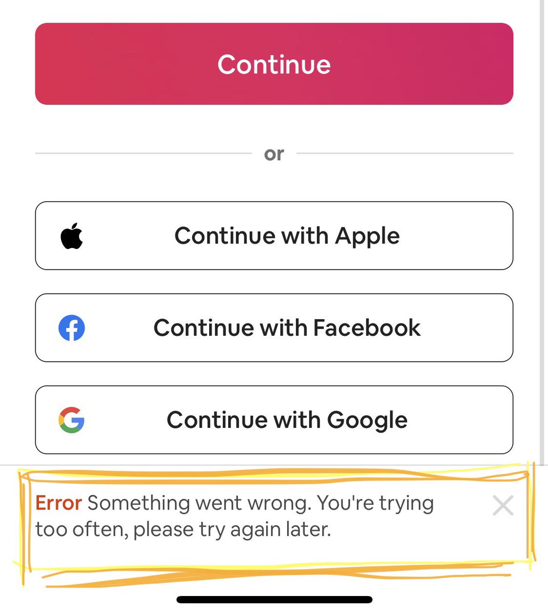 This kind of copy is rarely a good idea: «You’re trying too often». I tried once before getting this error 😑 cc/ @Airbnb