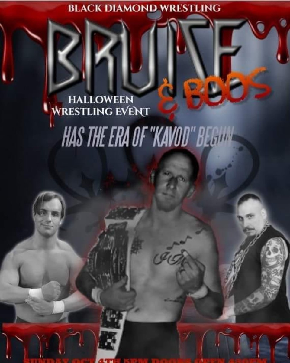 #BlackDiamond Wrestling presents...
☠️ Bruise &amp; Boos

 🌑 - Sunday, October 4 at 5pm (doors 4:30)
 ⚰️ - The Diamondplex, Benwood, WV
 🎟️ - $15 ringside, $12 bleachers, $10 kids under 12y
 
Mark your calendars, heathens! 📅
Join us for a Halloween #Wrestling Spooktacular!
…