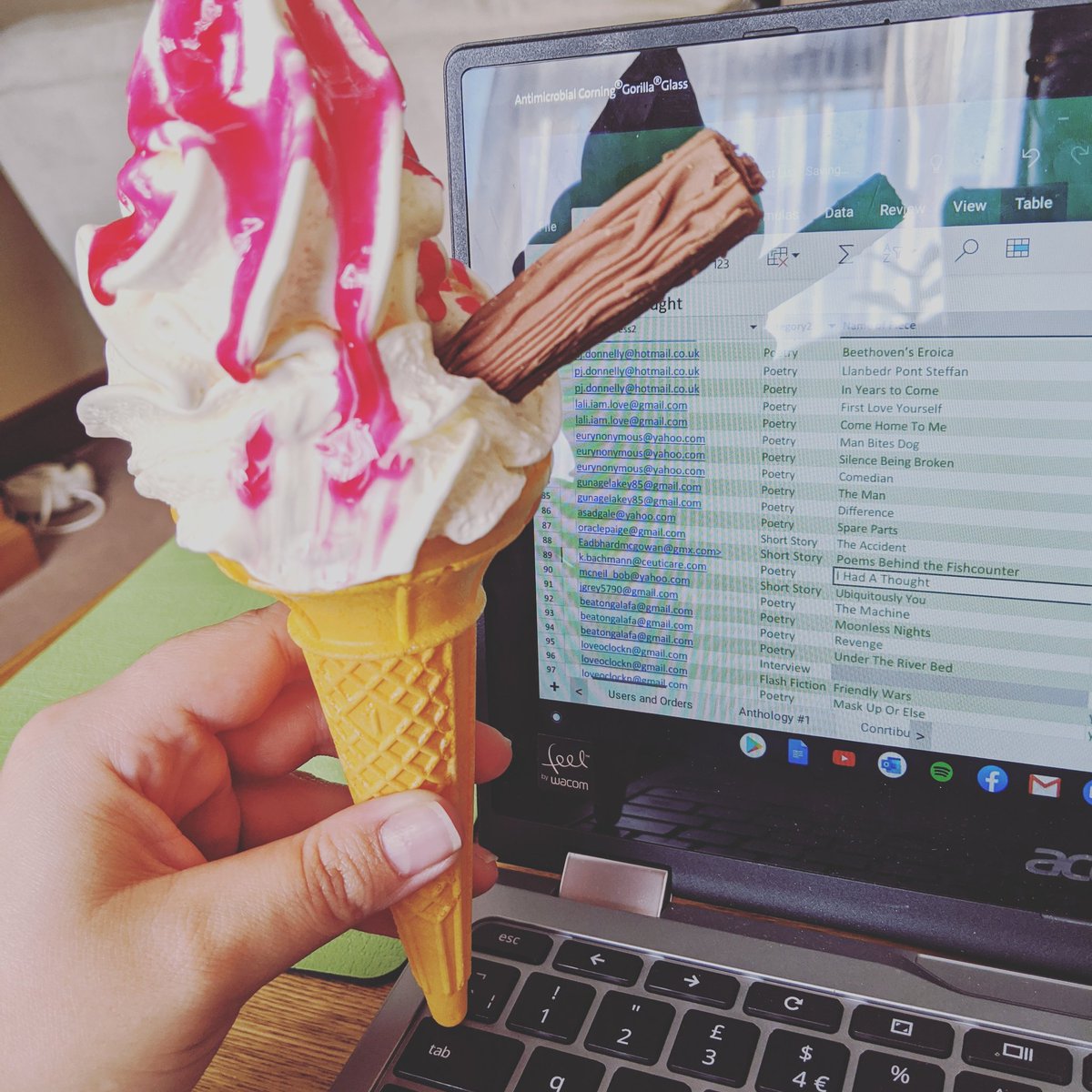 JadeHinder's tweet photo. Whilst vigorously working through the mountain of submissions we have received for issue #3, the sound of the ice cream van wafted to my ears and serenaded me. Who was I to refuse? 🍦🙈 Happy Monday! ♥️🥚💁🏻‍♀️   #imawritersegg #eggsrus #writerseggmagazine #WEMcreate #WEMfamily https://t.co/h0fpPdedPi