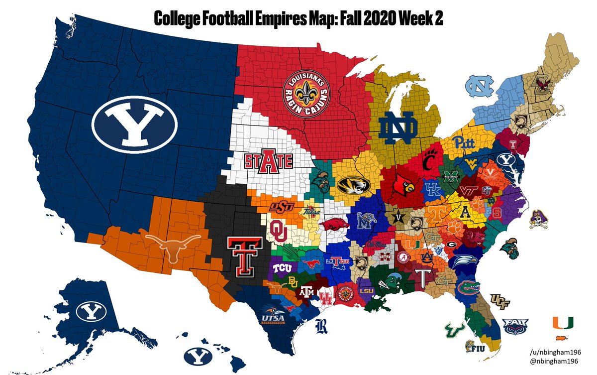 RedditCFB's tweet photo. The College Football Empires Map has been updated after week 2. https://t.co/KHbKFz8mEF