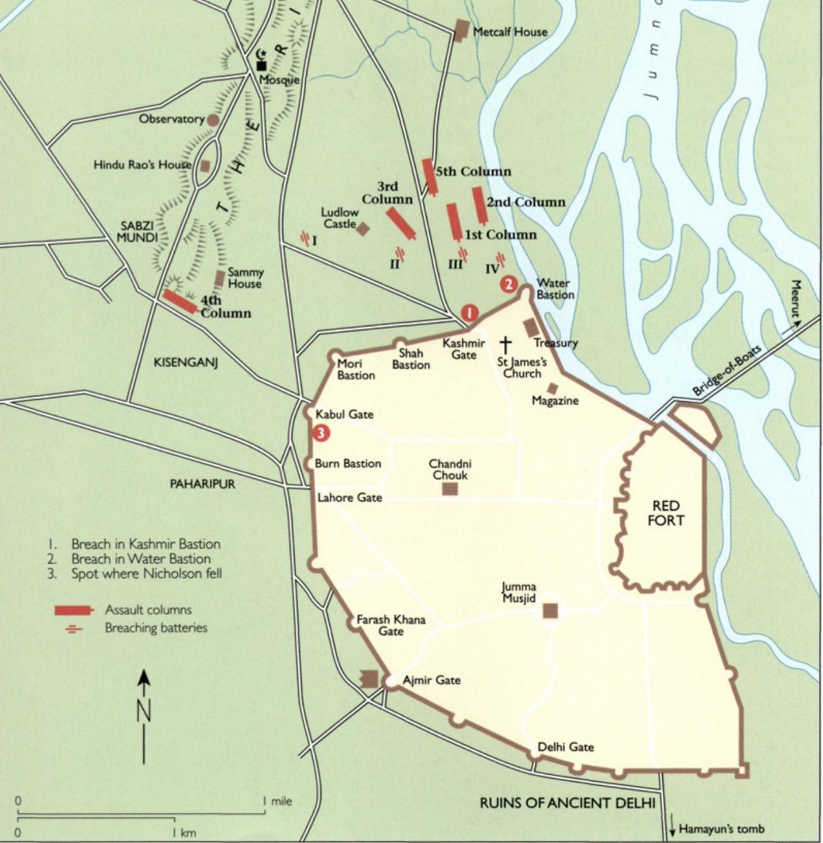 The British army was split into five columns of around a 1000 men each and a cavalry unit which was held in reserve with the 5th column. The 1st column would seize the Cashmere bastion, the 2nd would take the Water bastion while the 3rd would enter the city via the Cashmere gate