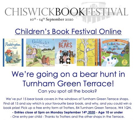 W4BookFest's tweet photo. Weβre extending our Bear Hunt in #TurnhamGreenTerrace! Children now have till Thursday to spot the 15 bears in the windows. Entry forms from @Trotters. Thanks to them + @savills @hackandveldt @OxfamBooksW4 @johndwoodandco @snapdragonw4 @estateagentw4 @MarmaladeJewel and more! https://t.co/4AJOEwyT1l
