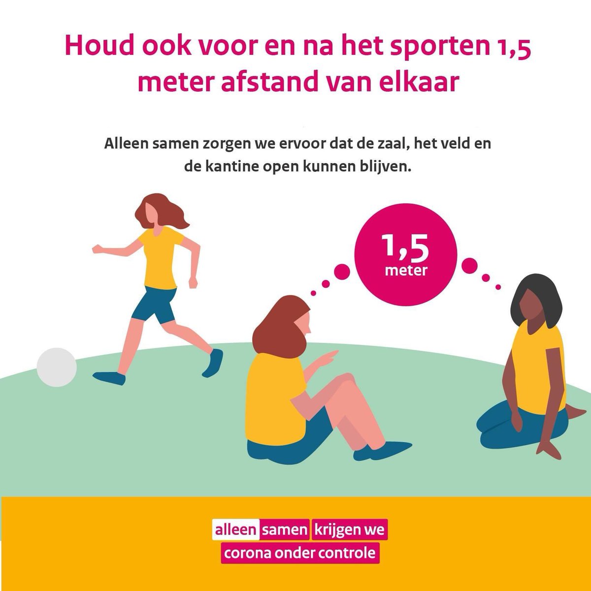 Vind je het ook fijn, dat je weer kunt sporten? Veel verenigingen en clubs zijn weer gestart. Houd je ook voor en na het sporten aan de 1,5 meter afstand. Alleen samen zorgen we ervoor dat de zaal, het veld en de kantine open kunnen blijven. #alleensamen #VoorJouEnVoorMij
