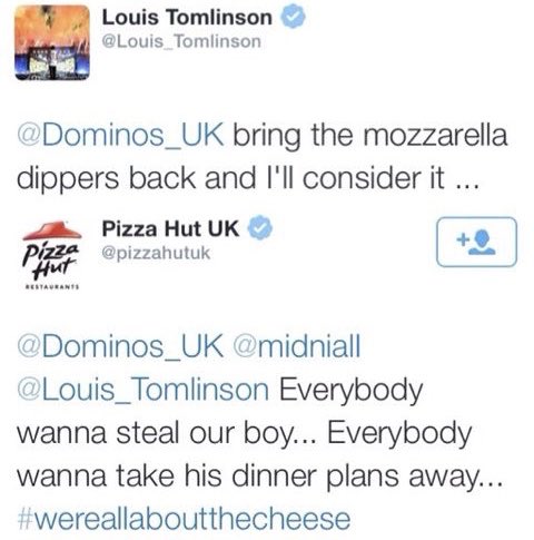 ForgodsakeLarry's tweet photo. Remember when Domino’s was being jealous of Pizza Hut because they all wanted to please the king? Louis Tomlinson always deserves that royal treatment https://t.co/E39junjWOm