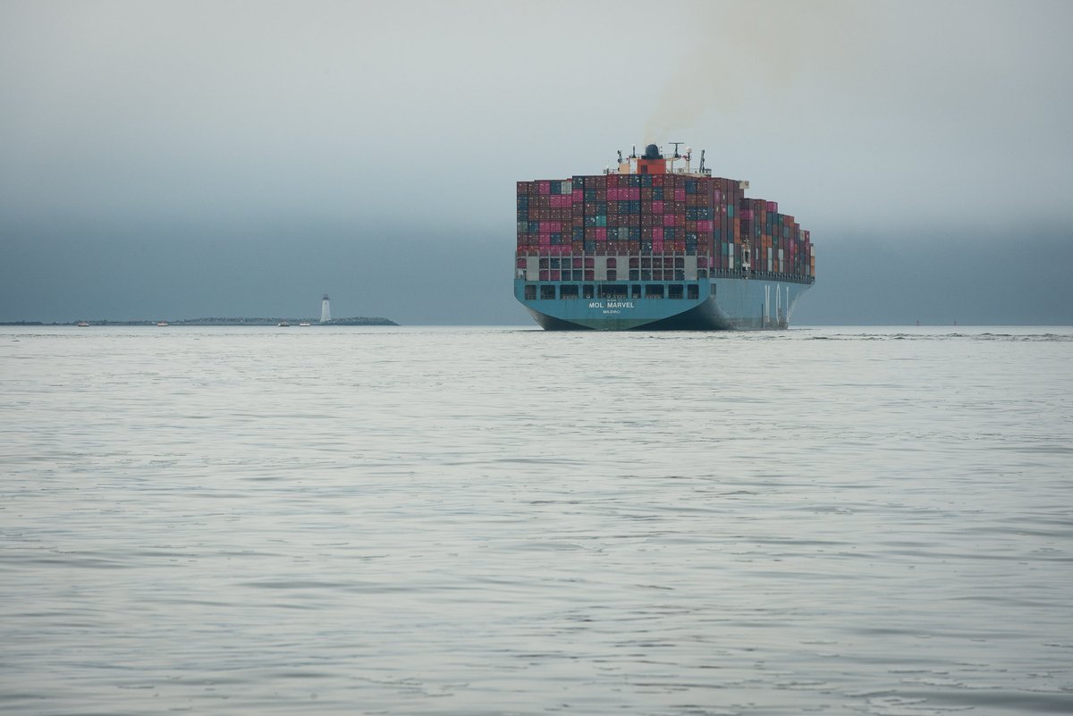 Container vessel MOL Marvel leaving Halifax Harbour and heading into a heavy fog bank in the distance. 

44° 37.549′ N 63° 33.164′ W