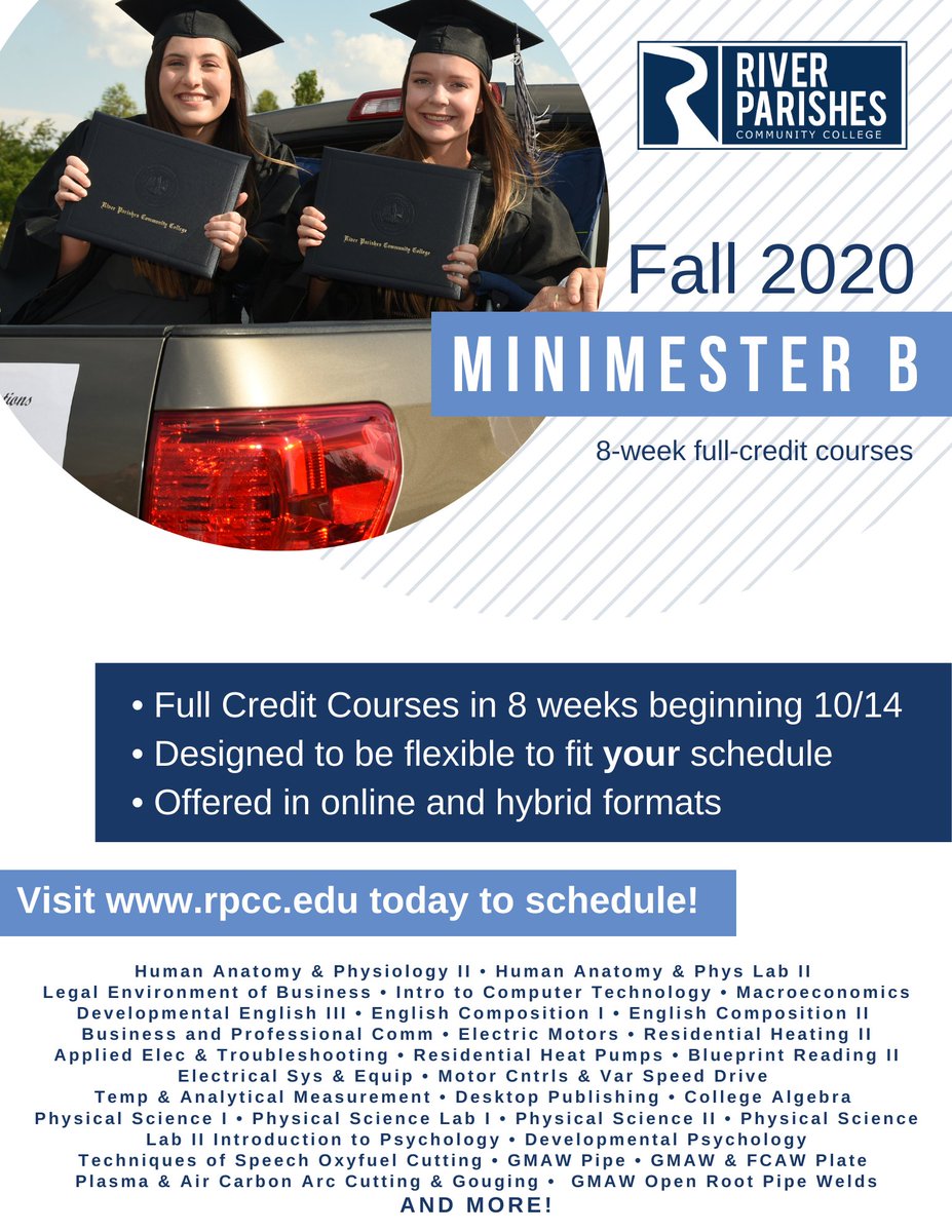 RiverParishesCC's tweet photo. Take full-credit courses, compressed!  Sign up today and get closer to graduation! Or transfer your credits. Learn more at https://t.co/WNkERfCPl0 today! #RiverMadeReady https://t.co/jCRpVXoGOC