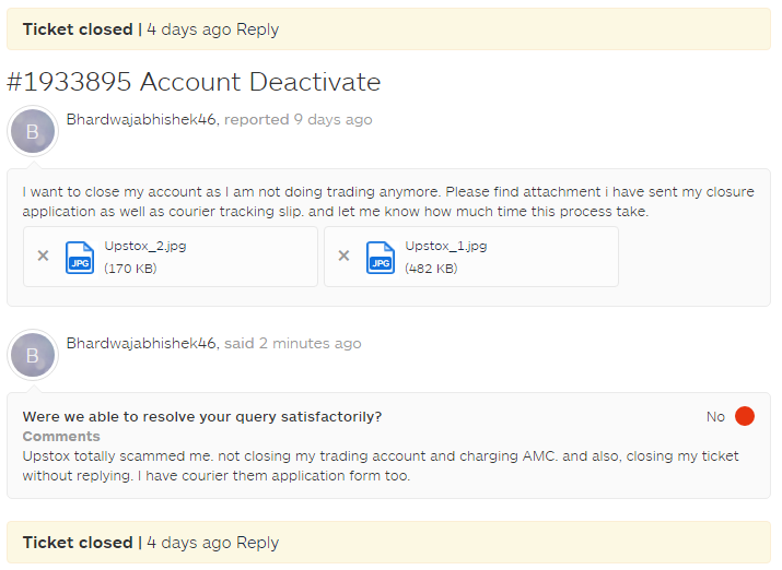 Hi_Abii's tweet photo. @upstox you guys closing my ticket every time.  i raise without even replying. and i am following you from last 2 months and not deactivating my account. I have all proofs scanned document and courier receipt which i have sent https://t.co/ikcYaTO6nu