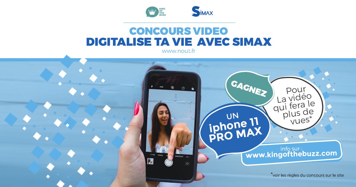 #Digitalise ta vie avec Simax
Fais une petite #vidéo originale sous ce thème et tente de gagner un I phone 11 Pro Max 
Rends toi sur kingofthebuzz.com pour toutes les infos sur le #concours
Bonne chance et que le #buzz soit avec toi