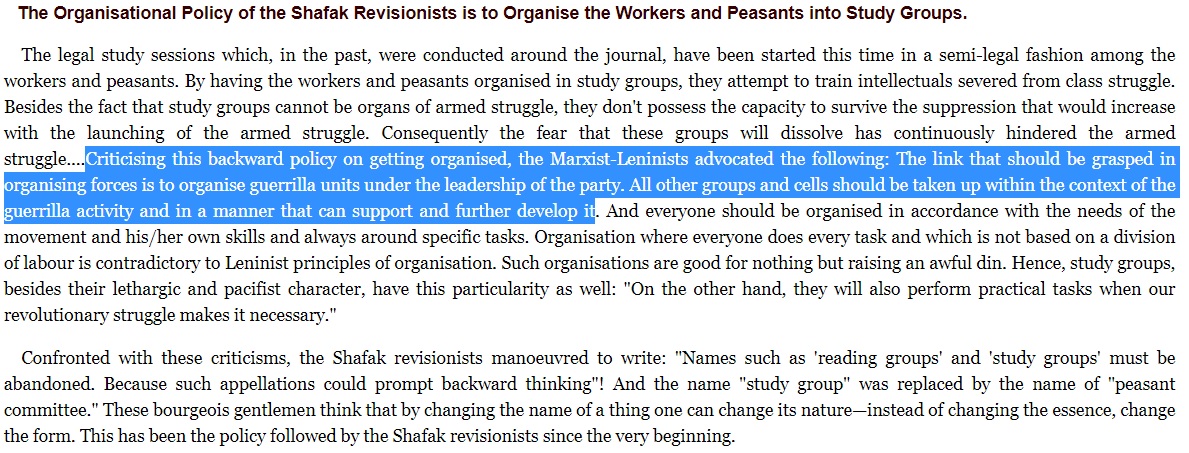 a "party"'s primary work is creating and sustaining organizations that will lead the masses into literal class struggle, and any study groups or other Ideological organs exist to directly support the former by raising its level of struggle and funneling it some new people