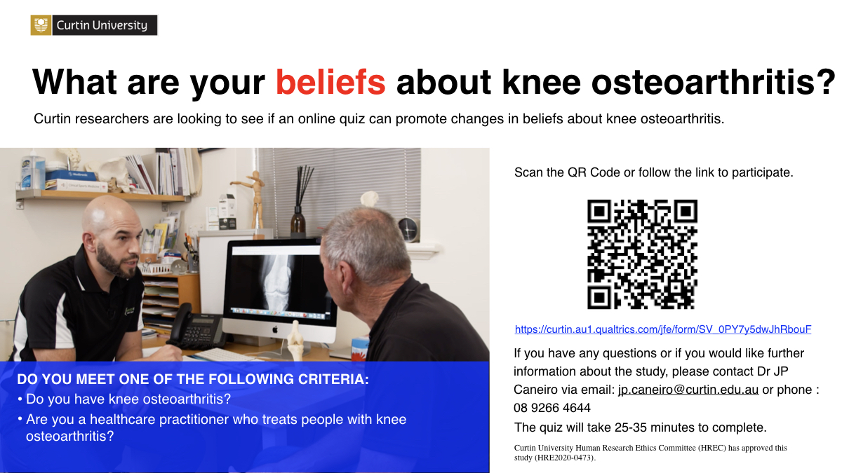 Recruitment: Do you have knee osteoarthritis (OA)?

Are you a health-care professional that treats patients who have knee OA? 

<a href="/CurtinUni/">Curtin University</a> are investigating if an online quiz can change beliefs in people who live with and treat people with knee OA!

ow.ly/etWs50BqCta