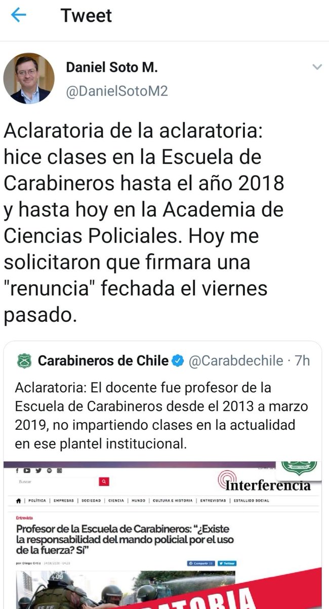 pchile_web's tweet photo. 🔴 ABOGADO DANIEL SOTO, DESMIENTE A CARABINEROS: "Aclaratoria de la aclaratoria: hice clases en la Escuela de Carabineros hasta el año 2018 y hasta hoy en la Academia de Ciencias Policiales. Hoy me solicitaron que firmara una "renuncia" el viernes pasado. @Carabdechile 

Siguen.. https://t.co/ezi2kb6RfQ