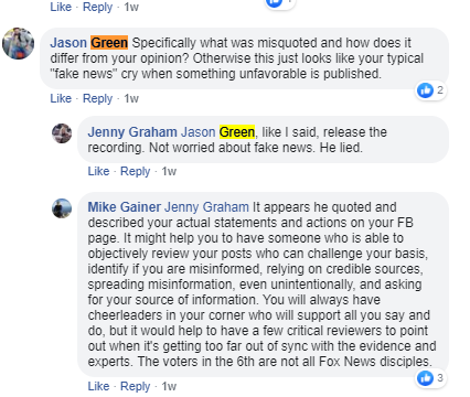 In fact, even when asked by two others on her page -- both people I've previously had tough interviews with -- what was false about the article, she refused to identify anything specific.