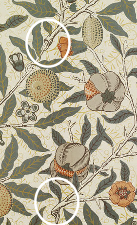 One interesting thing to note: in most other Morris (& Co) patterns, the botanical elements are continuous, with breaks between separate stems or repeats hidden. Here, however, the branches are discrete elements that clearly show their tips and cut ends. (Image: V&A)