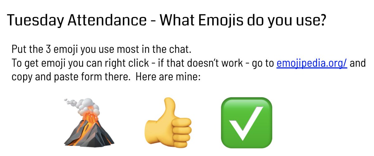 To help me take attendance in my #virtual classes I have students do an #icebreaker at the beginning...these are some of the ones for this week...figured I would share in case others are doing the same and are looking for inspiration. #BetterTogether #SharingIsCaring