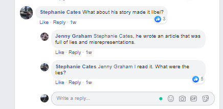 In fact, even when asked by two others on her page -- both people I've previously had tough interviews with -- what was false about the article, she refused to identify anything specific.