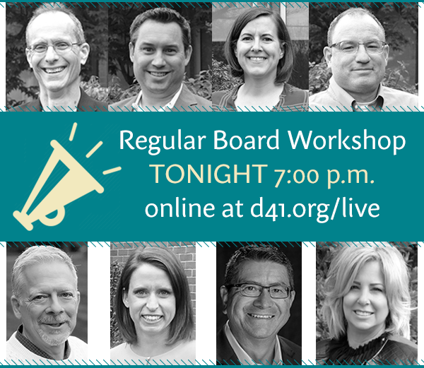 GlenEllynD41's tweet photo. Board Meeting TONIGHT beginning at 7 p.m. online. Click https://t.co/ELXj1qNnWB More: https://t.co/YFqT4VUn86 #d41strongertogether https://t.co/IS4JVBzI8L