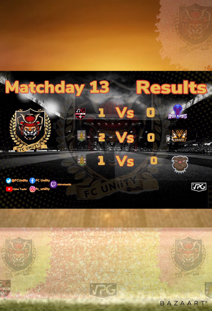 🔊Match Day 13 Results🔊
Division 2 English 
✅ 1-0 🆚 #Vipers
⚽️ @fuchsy22

Rookie A 
✅2-0 🆚  <a href="/fc_underdog/">UNDERDOG ACADEMY</a>
⚽️ Lynchy
👓 Caesar

✅2-0 🆚 @VPGAlloa
⚽️ X2  @fuchsy22
👓 X2 #Caesar

🏆 <a href="/OfficialVPG/">Virtual Pro Gaming</a> 
#WhereTheChampionsPlay

#WeAreUnified #MovingForward #ProClubs