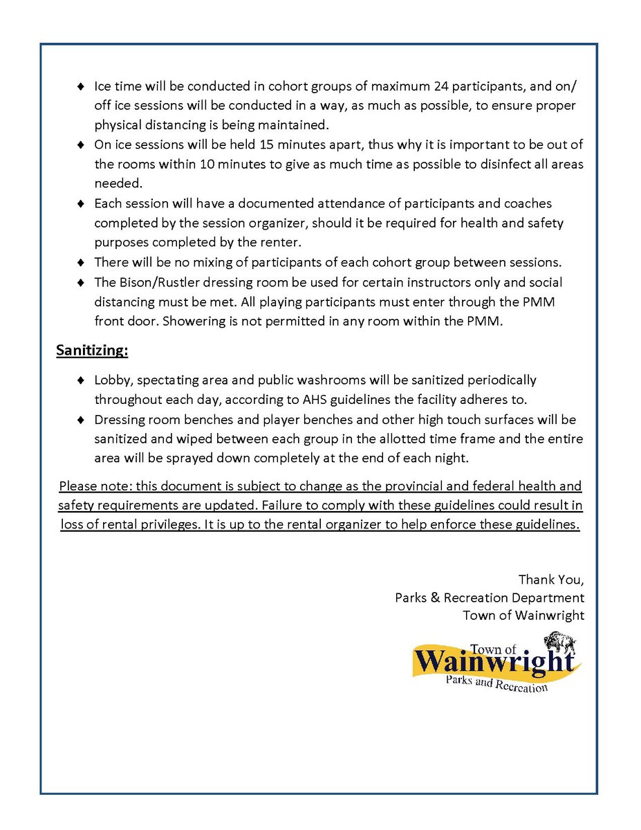 TownWainwright's tweet photo. For patrons of the Peace Memorial Multiplex, please view the PMM Ice Surface guidelines for usage during COVID. https://t.co/s04ztIqojc