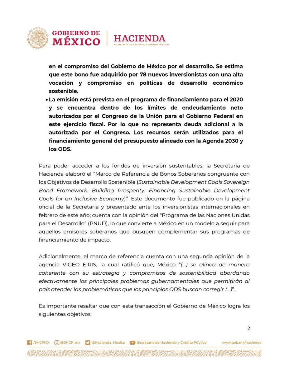 Hacienda_Mexico's tweet photo. Hoy #México se convirtió en el primer país en emitir un #bono soberano vinculado a los #ODS de la @ONU_es. Con esta emisión por 750 millones de euros se inaugura el programa de financiamiento #sustentable, colocando al @GobiernoMX a la vanguardia en financiamiento sostenible. https://t.co/pvvV6DSNcz