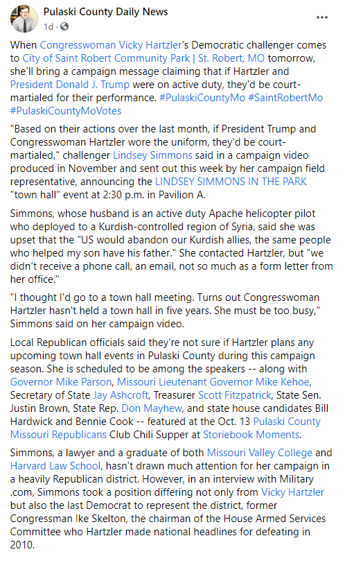 Yesterday, I held a lit drop in a military community. A private citizen who calls himself a journalist posted about my arrival on one of those Facebook pages. Before saying my name--he mentioned TWICE that I thought Hartzler + Trump should be court-martialed. 8/