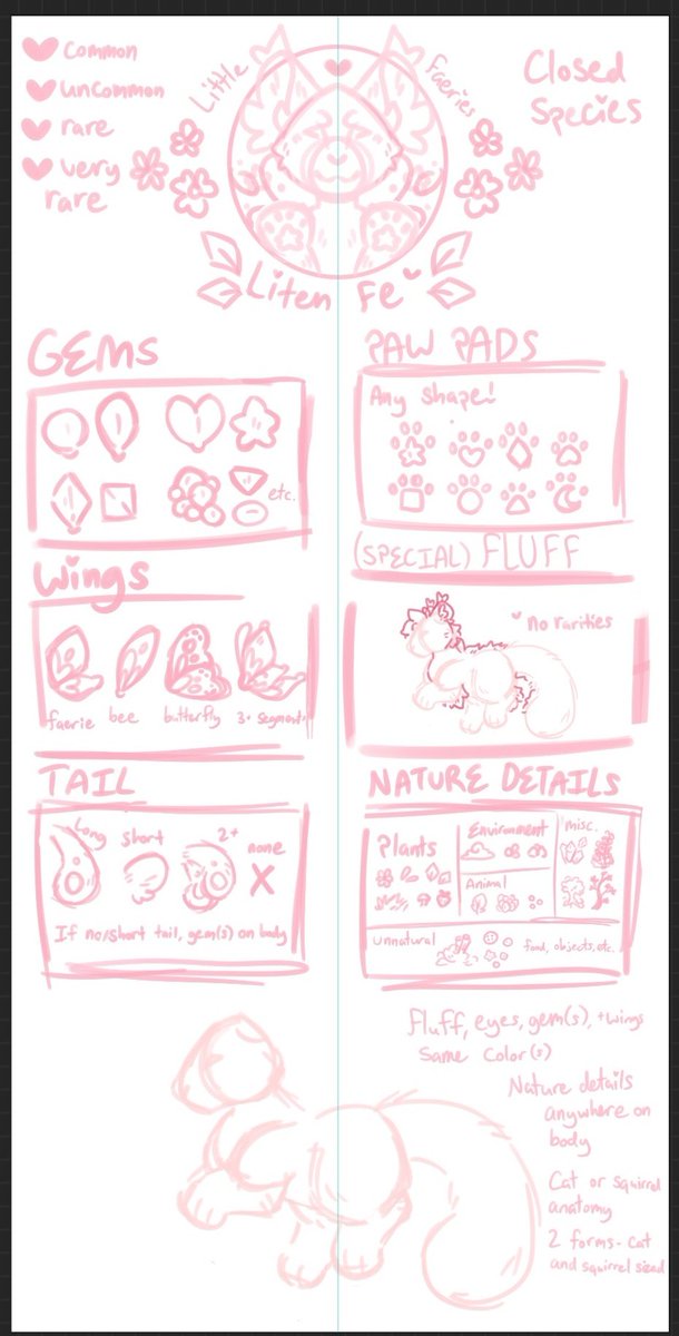 aa okay the liten fe trait sheet concept is donei also wanted to say rlly quick !! i'm going for a very chill closed species. no special rules on swaps, selling, breeding, whatever! u can buy a liten fe and remove it from the species, u can make a fairy crystal cat (continued)