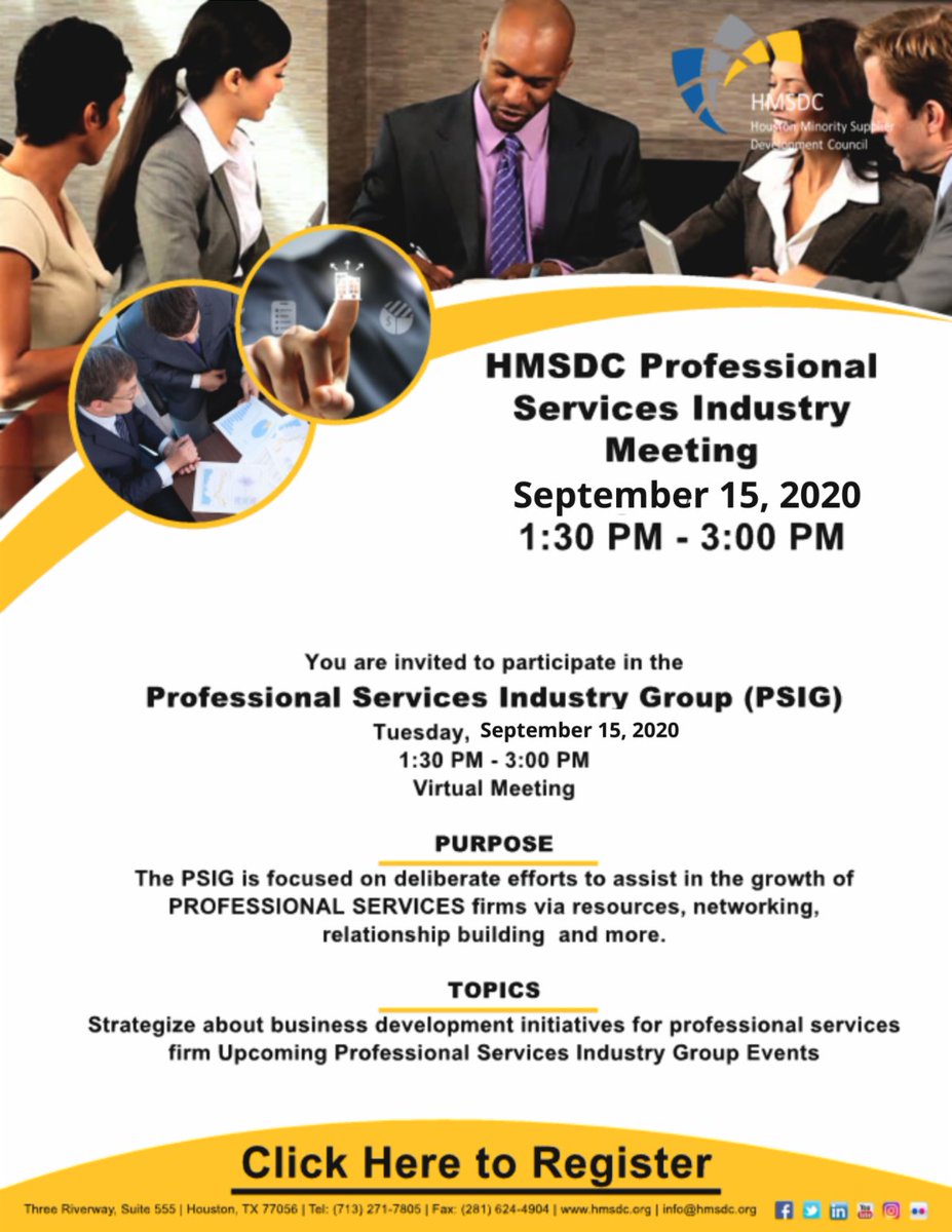 HoustonMSDC's tweet photo. Join HMSDC for the Professional Services Industry Group Meeting tomorrow at 1:30PM!
Register here: https://t.co/e8F4GKa62d
#smallbusiness #professionalservices #MBEs #hmsdc https://t.co/cy3TmzltmC