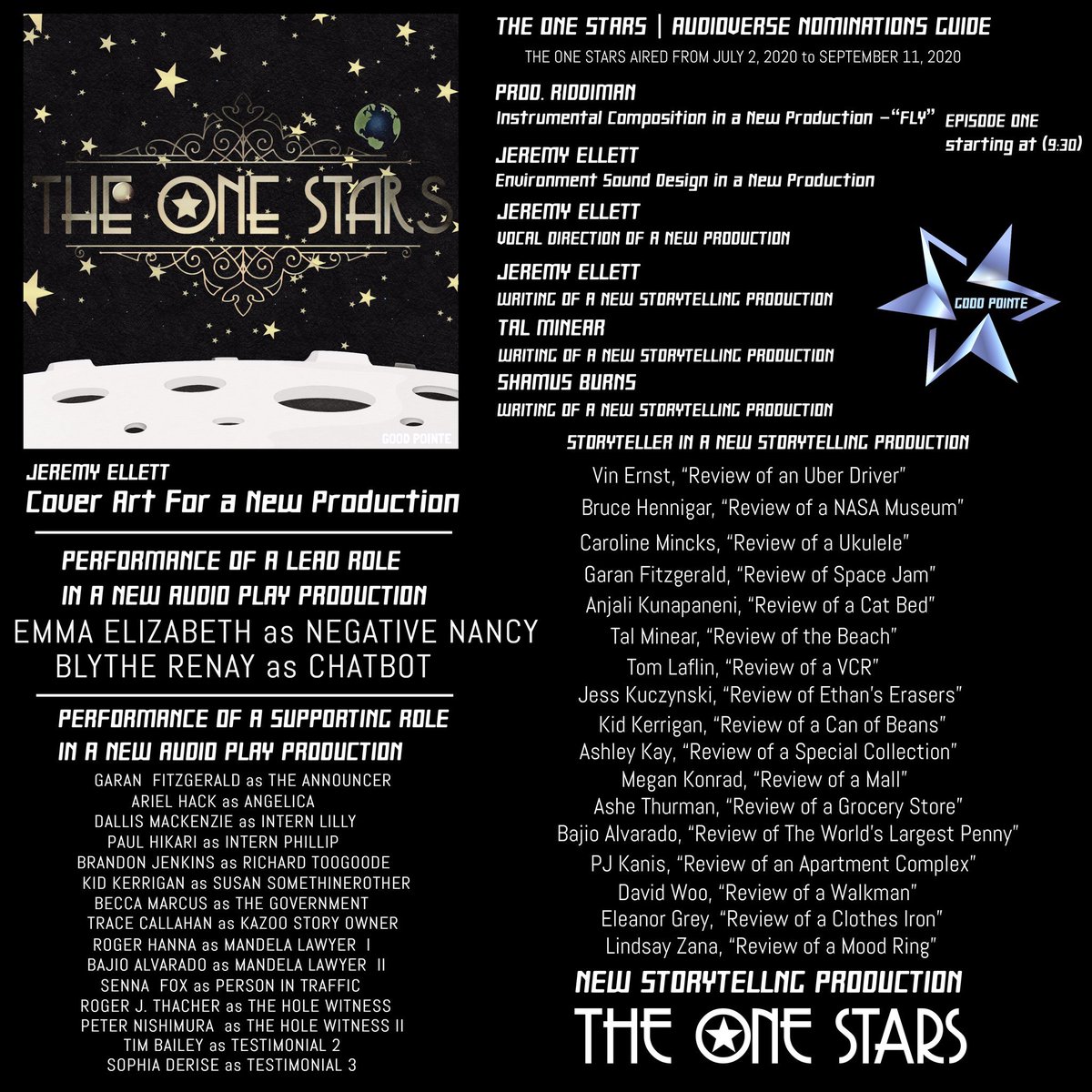 TheOneStars's tweet image. If you enjoyed The One Stars we’d love it if you’d consider nominating some of our cast, crew or production for an Audio Verse Award. ⭐️

Nominate at audioverseawards.net/nominate/