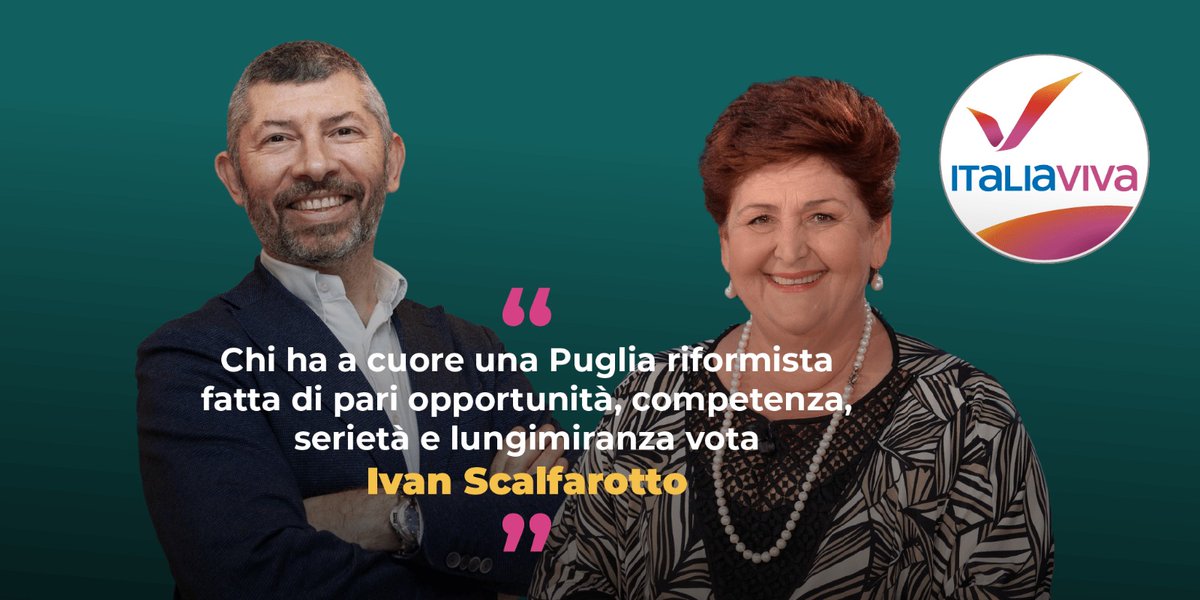 Il 20 e 21 Settembre, alle elezioni regionali in #Puglia i riformisti scelgono <a href="/ItaliaViva/">Italia Viva</a>, scelgono <a href="/ivanscalfarotto/">Ivan Scalfarotto 🇮🇹🇪🇺🇺🇦</a>.
#StavoltaScalfarotto