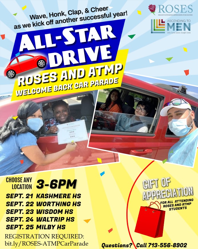 HISD_ROSES's tweet photo. 📢 @HISD_ROSES students and families, we are hosting TWO events next week to CELEBRATE your #Return2School! Review the flyer to register for the (1) ROSES/ATM All-Star Drive car parade and (2) ROSES Kickoff event #ROSESBloomingStronger. #supplies #giveaways #prizes #ReturnStrong https://t.co/b4rayEwFP7