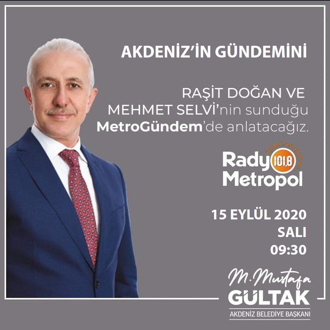 mustafagultak's tweet photo. 15 Eylül Salı saat 9:30'da Raşit Doğan ve Mehmet Selvi'nin Radyo Metropol'de sunduğu Metro Gündem programına konuk olacağım. https://t.co/yxnEyIGIE6