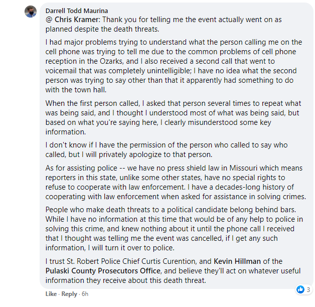 He posted a lie anyway--fueling the narrative liberals are cowardly snowflakes, inciting more outrage.After learning I didn't cancel the event, he poor cell reception as the reason for not fulling understanding the message given to him.This isn't journalism.16/