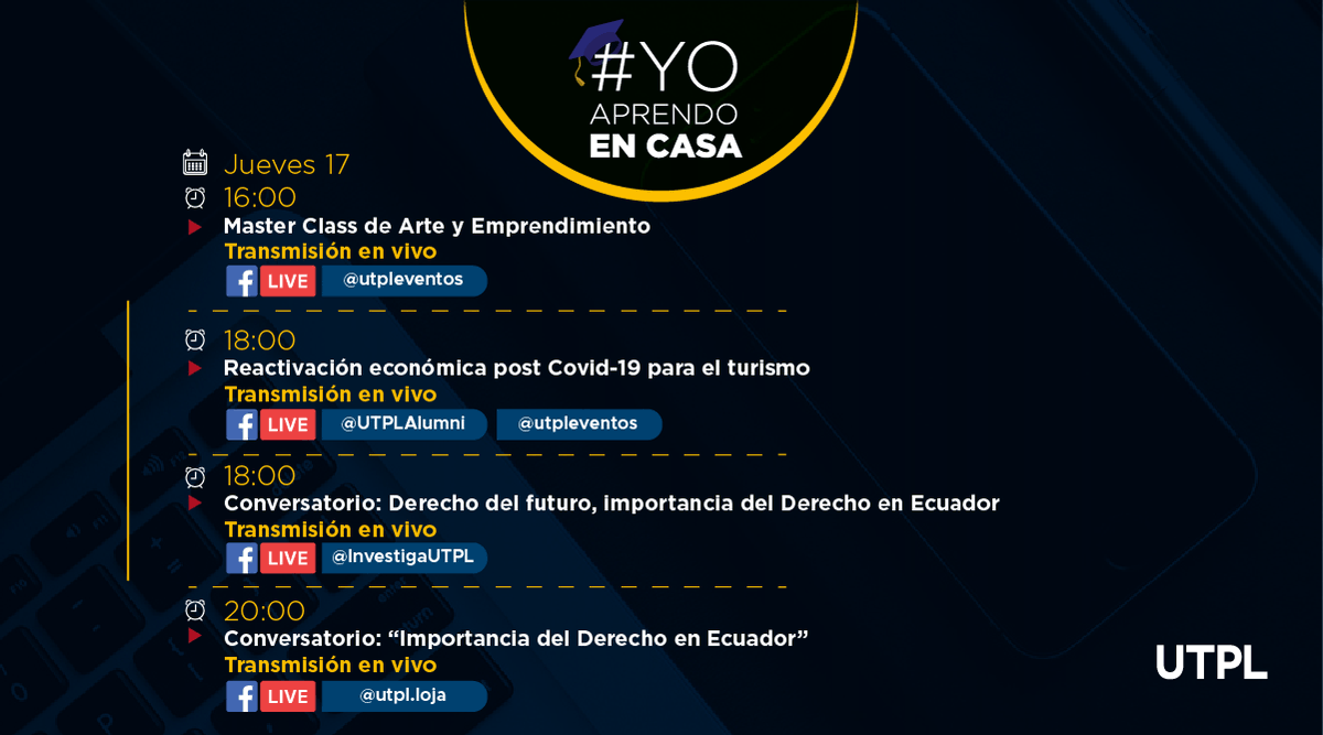 eventosutpl's tweet photo. #YoAprendoEnCasa 💻🔴 Conéctate y participa de nuestros webinars, conferencias académicas y seminarios online a través de #FacebookLive.

🗓 AGENDA del 14 al 20 de septiembre. ⬇
https://t.co/uODrtpzTJ9 https://t.co/nV8XFUiKhf