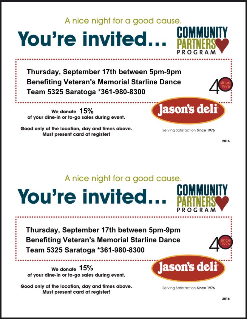 Come join us at Jason’s Deli on Saratoga Thursday evening! Dine in or pick up! Don’t forget to mention Starline or show the flyer below. 15% of proceeds will be donated to Starline to help cover yearly costs! ❤️⭐️💙