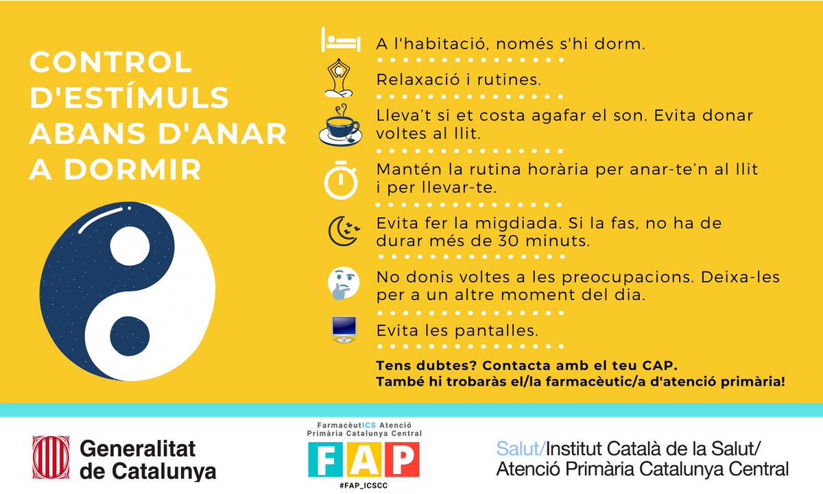 icscatcentral's tweet photo. 🙋‍♂️ Bona tarda!
😴 Eviteu els estímuls abans d'anar a dormir i el vostre cos us ho agrairà!
👩‍⚕️👨‍⚕️ Els 'FarmaceutICS d'Atenció Primària de la Catalunya Central us proposen aquests consells útils 👇
#FAP_ICSCC https://t.co/LJpnQYxH3C