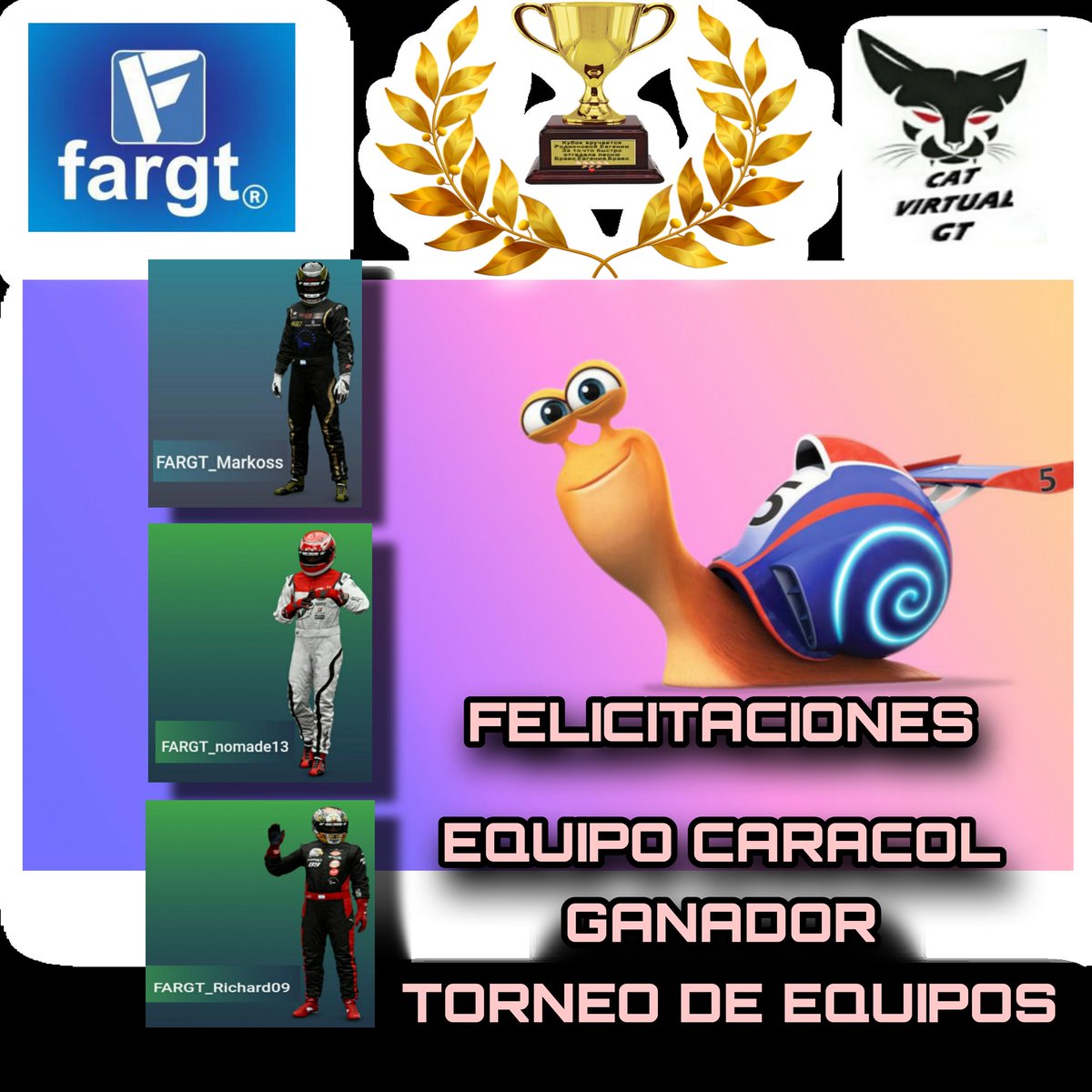 FargtOficial's tweet photo. FELICITACIONES....
Al equipo Caracol...por ganar el campeonato de Equipos
FARGT_MARKOSS
FARGT_NOMADE13
FARGT_RICHARD09
BUEN CAMPEONATO FARGT
@FargtOficial
@thegranturismo
#Correlimpio
#QuedateEnCasa https://t.co/PcpIOQxZTQ