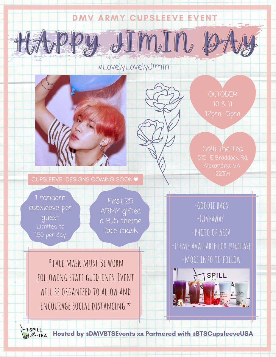 BorahazeEvents's tweet photo. The admin team is so excited to announce our first #BTS cupsleeve event! Join us for a socially distanced #LovelyLovelyJimin birthday weekend in October! 

- 3 Cupsleeve designs
- Giveaways
- Goodie Bags

Please RT &amp; share with local DC, MD, and VA Army! More details to follow💜 https://t.co/51EcEIgsi3