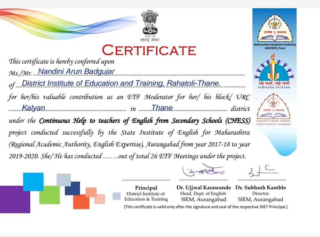 NandiniArunB's tweet photo. One more feather inCap Thanks
#CHESS
#SCERT
#RAA
#DIETThane
2017to2020 3yrs.
Teaching-Techonology-Team
Strong Step towardsQuality Education.
@subhashkamble10
@UjjwalKarawande
@deshmukhranjit2
@nadeemkhanlive
@purnimabharat
@BaburaoPrakash
@ashok30chavan
@toss_if
@chankee_s https://t.co/WLMcELaAlV