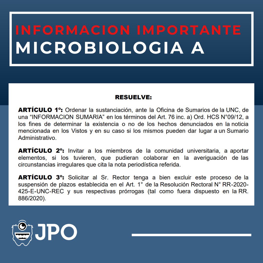CEO_JPO's tweet photo. 📢 SITUACIÓN CATEDRA DE MICROBIOLOGÍA A

Como Centro de Estudiantes no hemos estado exentos a la situación de público conocimiento, sobre la existencia de irregularidades en el manejo de la cátedra de Microbiología A, desde hace más de 20 años. 
(Sigue) https://t.co/S9RjtSVvAO