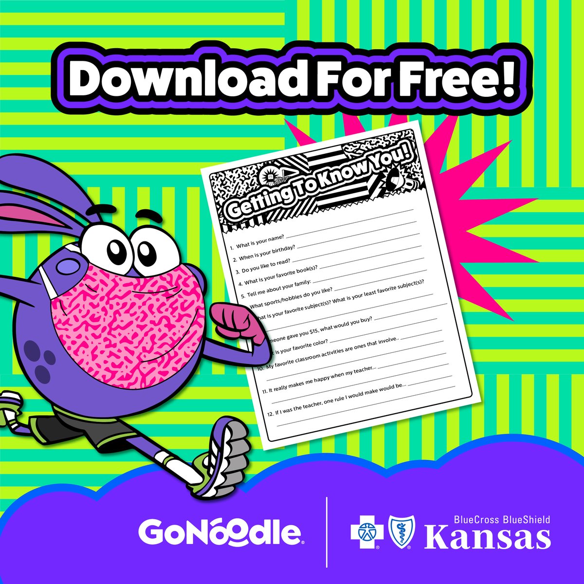 BCBSKS's tweet photo. We are proud to partner with @GoNoodle this school year! Get to know your students and have them get to know each other with this fun, scavenger hunt! Download here: https://t.co/Kne1hgFKaJ #backtoschool2020 #gonoodlepartner #BCBSKS #goodenergy https://t.co/fO4a3u2uEF