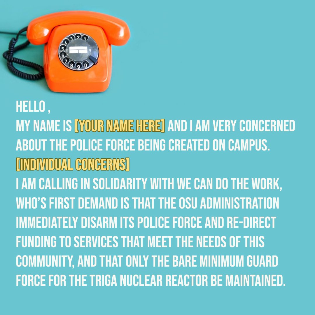 DisarmOSU's tweet photo. 💥HAPPENING TODAY💥
Give your admin a 2 minute call today to oppose the new nearly $5 million armed police force on campus. Link to full template and info in our bio. THEY LISTEN WHEN WE GET LOUD!
#DisarmOSU #CopsOffCampus https://t.co/CIvEUAi9Cz