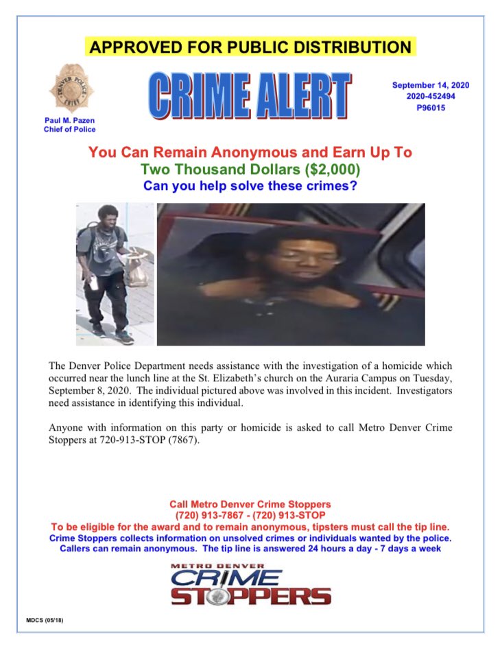 #Denver, do you recognize this suspect? They’re believed to be involved in the Sept. 8, 2020 homicide on Auraria Campus. If you have any info, please call <a href="/CrimeStoppersCO/">MetroDenverCrimeStoppers</a> at 720-913-7867.