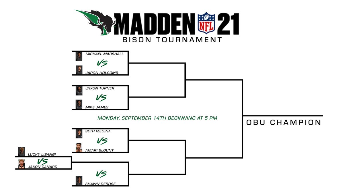A big night is on tap!

Tonight, we present the Bison Madden 21 Tournament where the winner will represent OBU in the <a href="/GACAthletics/">#TheGAC</a> Madden season coming up later this season.

Catch all the action beginning at 5 PM tonight on OBU's twitch channel!

twitch.tv/obu_athletics