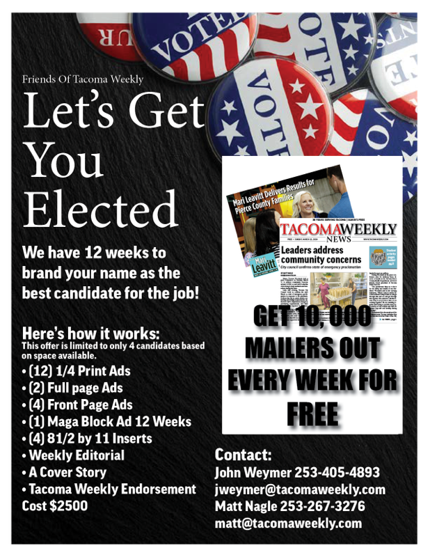 The advertising package was not unusual, but the extras were. As part of the package, the Tacoma Weekly offered: Weekly Editorial, A Cover Story, and Tacoma Weekly ENDORSEMENT! That’s right, for just $2500 any candidate could get the Tacoma Weekly’s endorsement. /3