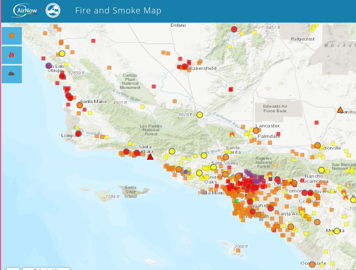 NWSLosAngeles's tweet photo. Here's what we have this morning for air quality (pm 2.5) from AirNow. Still smoky conditions throughout much of the region, especially for those in L.A. metro area and near the Bobcat fire.  Follow the link for more info. #cawx #socal #CAsmoke 

https://t.co/2ywpeRORgq https://t.co/jfyQAXilTa